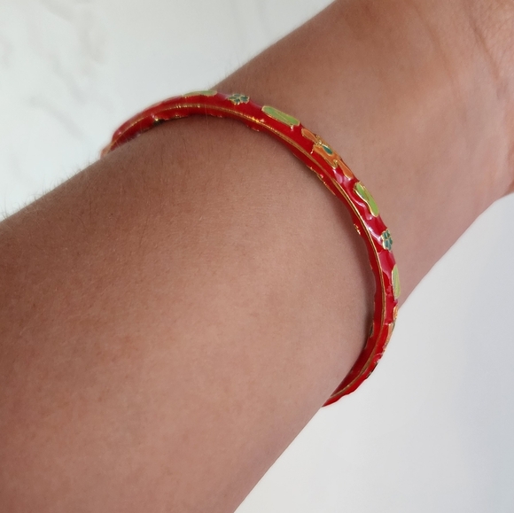Vintage Red Cloisonne Bangle Bracelet - Picture 2 of 8